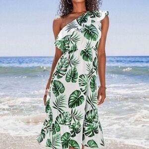 Tropical One-Shoulder Green Leaf Print Dress
